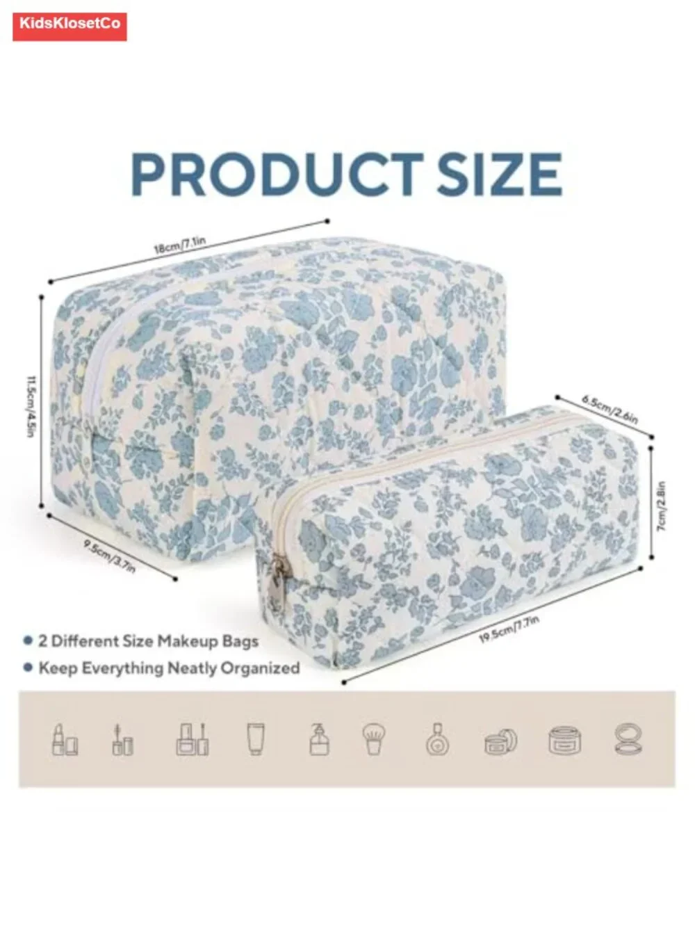 Set of 2 Quilted Cotton Makeup Bags with Floral Design | Travel Cosmetic Pouch